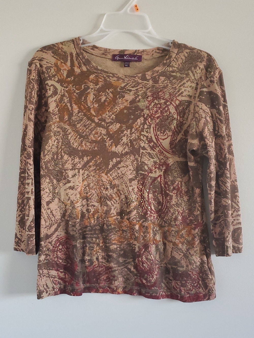 Vintage Gloria Vanderbilt Brown Multicolor Abstract Print Tee Sz L Gilmore Girls